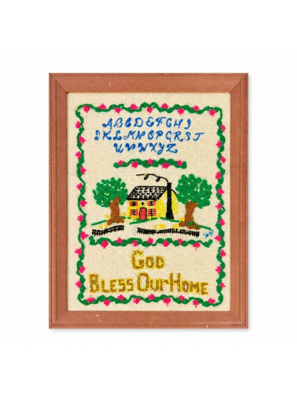 Needlework Sampler Embroidery Wall Art Vintage God Bless Our Home Handmade Frame